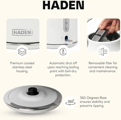 Haden Heritage 1.7 Liter Stainless Steel Electric Kettle, Hot Water Kettle with 360-Degree Base and Auto Shutoff, Ivory & Chrome