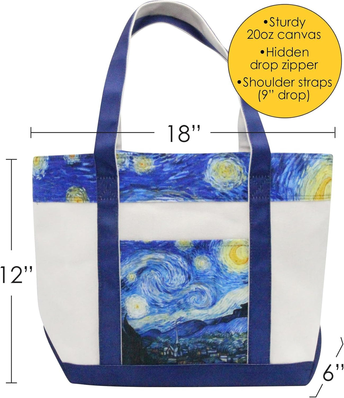 RainCaper Fine Art Large Cotton Canvas Tote Bag Roomy Heavy Duty Sturdy Boat Bag Zippered Top Lots of Pockets Shoulder Straps
