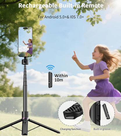 TONEOF 68" Magnetic Selfie Stick Tripod with Aluminum Strong Magnetic Holder for Magsafe, 360° Rotatable Travel Phone Tripod Stand with Metal Ring & Rechargeable Remote for iPhone/Android（Black）