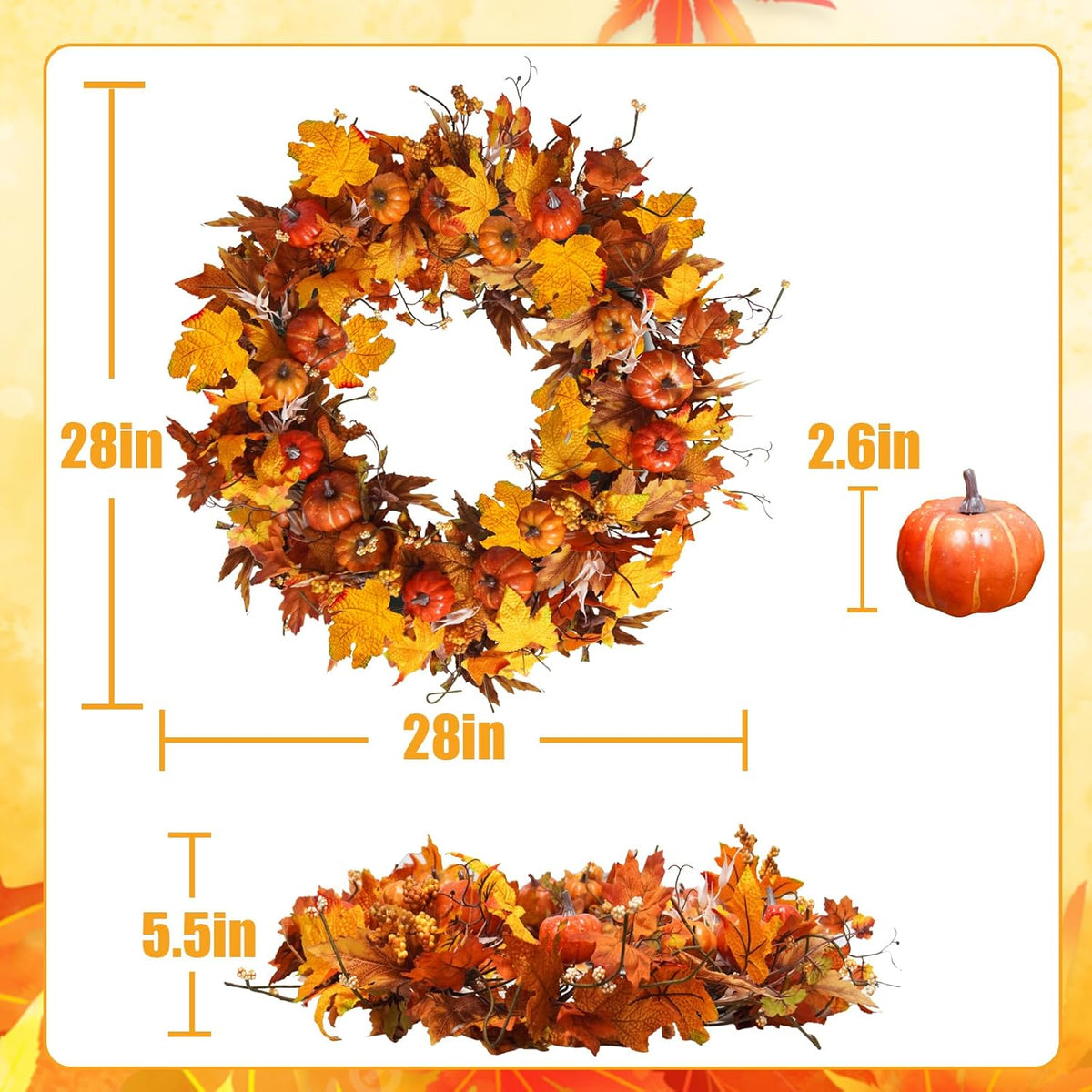 Uieke 28 Inch Fall Wreath for Front Door Outside Large Artificial Autumn Wreath with Orange Red Pumpkins Maple Leaves Berries Fall Decoration for Home Farmhouse Door Wreath for Harvest Thanksgiving