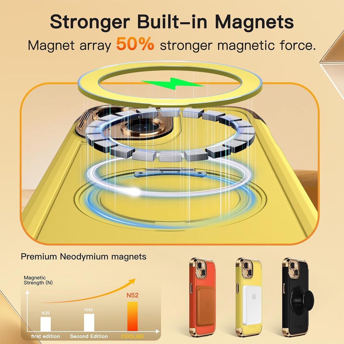 COOLQO for iPhone 15 Plus Case 6.7'' Upgraded 360° Spin Magnetic Stand [Compatible with Magsafe][Military Protection] Shockproof Protective Phone Holder Cover for iPhone 15 Plus, Yellow Gold