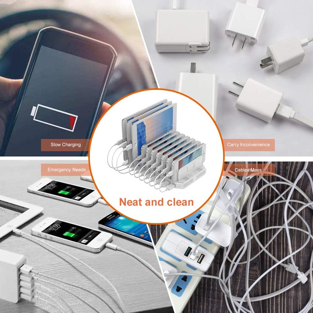 Alxum iPad Charging Station, 96W 10 Port USB Charging Station for Tablet and More Multi Devices Organizer with Detachable Dividers, White