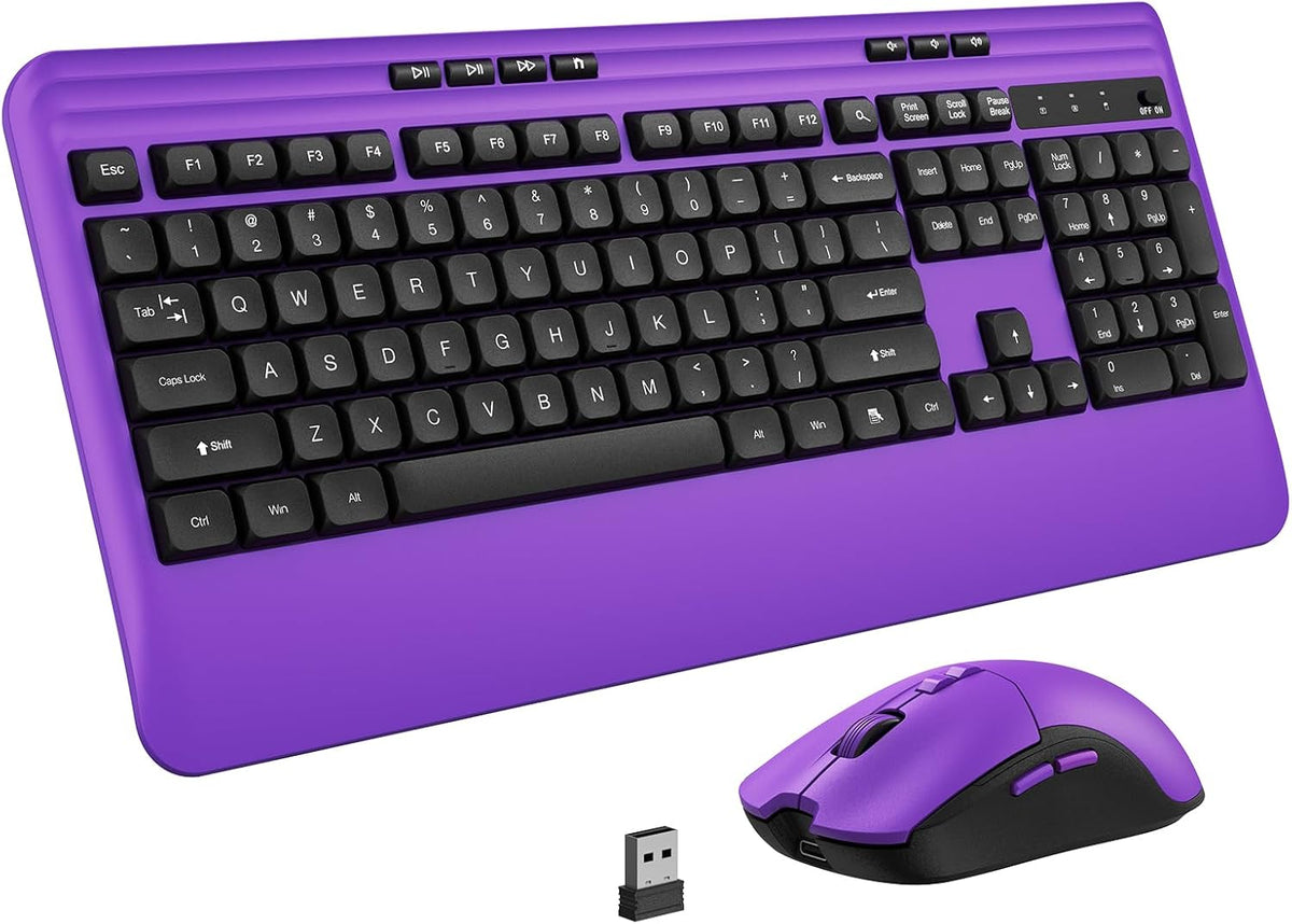Wireless Keyboard and Mouse Set with Quiet Keys, 2.4G Full Size Purple Keyboard and Mouse with Wrist Rest, Protective Covers, Soft Touch Silent Design for Windows, Computer, PC and Laptop