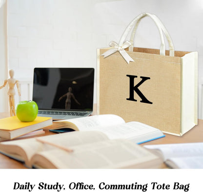 Initial Canvas Tote Bag & Makeup Bag for Women Teacher Bridesmaids，Personalized Present for Wedding, Birthday, Beach