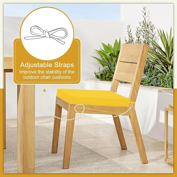 Cozyide Outdoor Chair Cushions, Waterproof Patio Seat Cushions with Adjustable Straps, Square Corner Patio Chair Cushions for Garden, Yellow, 18.5x16x3 Inch (Pack of 4)