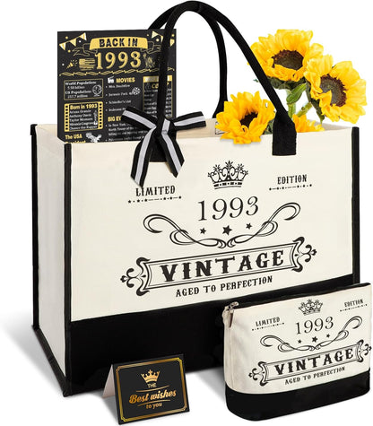 YeohJoy 32nd Birthday Gifts for Her Canvas Tote Bag Travel Gear, Unique 32 Years Old Birthday Gifts for Girlfriend Sister Friends Women, Vintage 1993 Handbag & Cosmetic Bag & Back in 1993 Poster