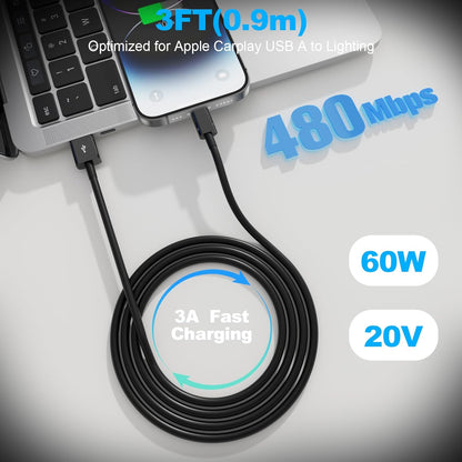 Car Carplay Cable, USB A to Lightning Cable 3FT Compatible with iPhone 14 13 12 11 Pro Max XR XS X Charger Cord，Car Charging Cord（Black）