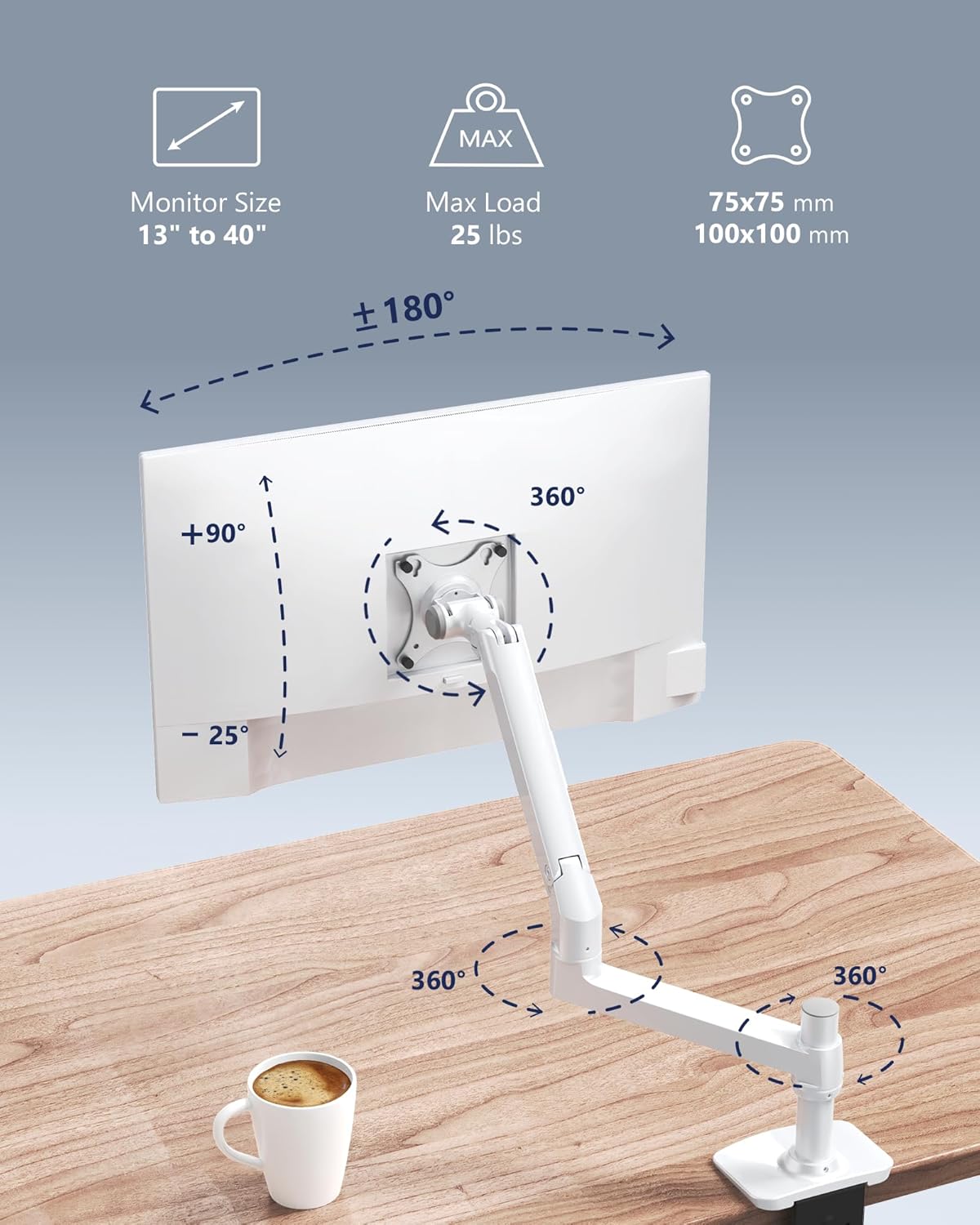 Single Monitor Arm Desk Mount, Holds Screens up to 40 Inches and 25 lbs, Fully Adjustable Vesa Monitor Mount with C-Clamp and Grommet Base, Aluminum, White