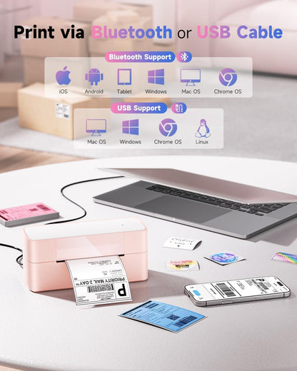 Bluetooth Thermal Label Printer Pink, Wireless 4x6 Thermal Shipping Printer Pink for Small Business & Shipping Package, Desktop Printing, Compatible with Amazon, Ebay, Shopify, Etsy, USPS