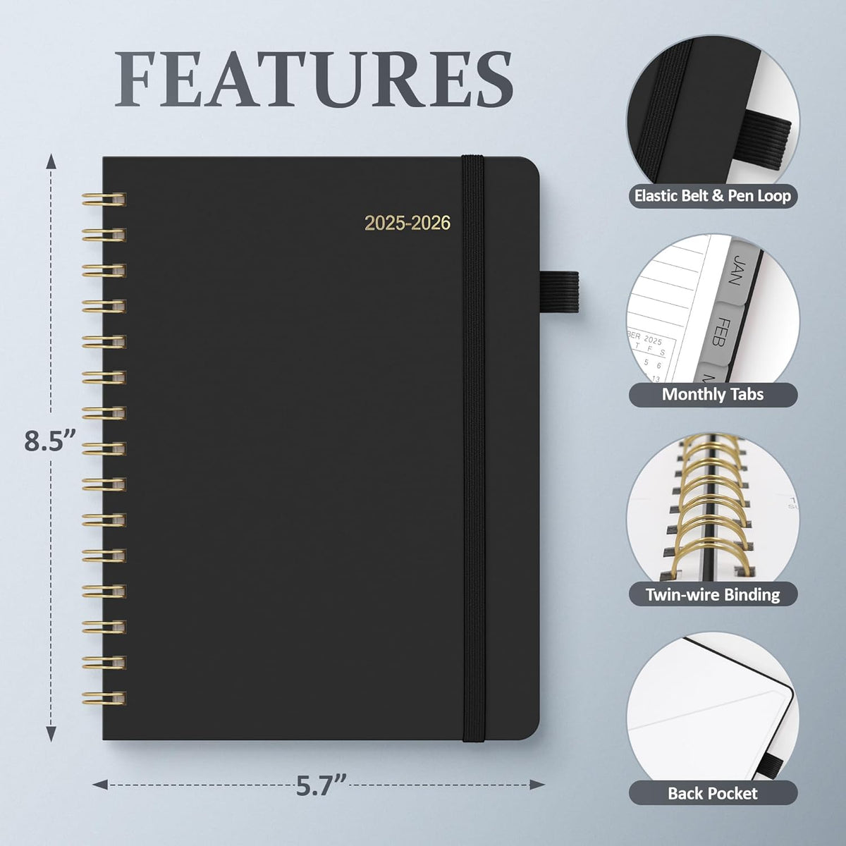 Planner 2025-2026 Weekly and Monthly, July 2025 - June 2026, Hardcover Spiral Bound with Tabs, Inner Pocket, A5 (6.3"x8.5") - Ideal for Teachers, Students & Professionals, Black
