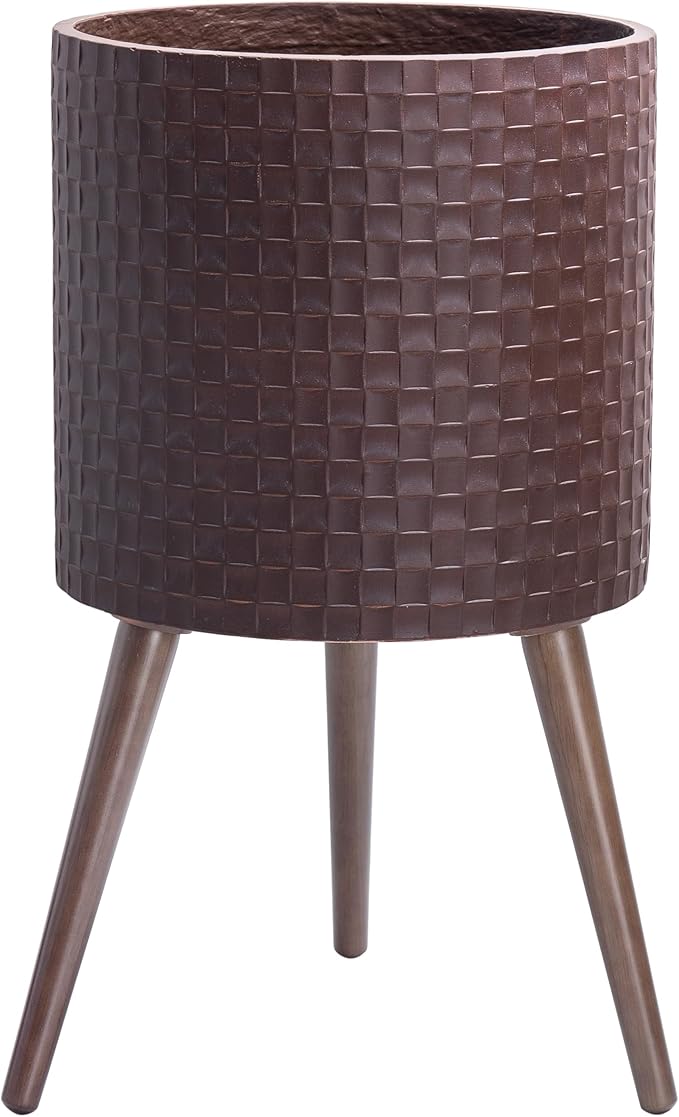 D'vine Dev 14 Inch Modern Geometric Tile Patterned Sleek Planter Pot with Stand, Indoor Outdoor Decorative Plant Holder, Espresso, 88-Z-D-6
