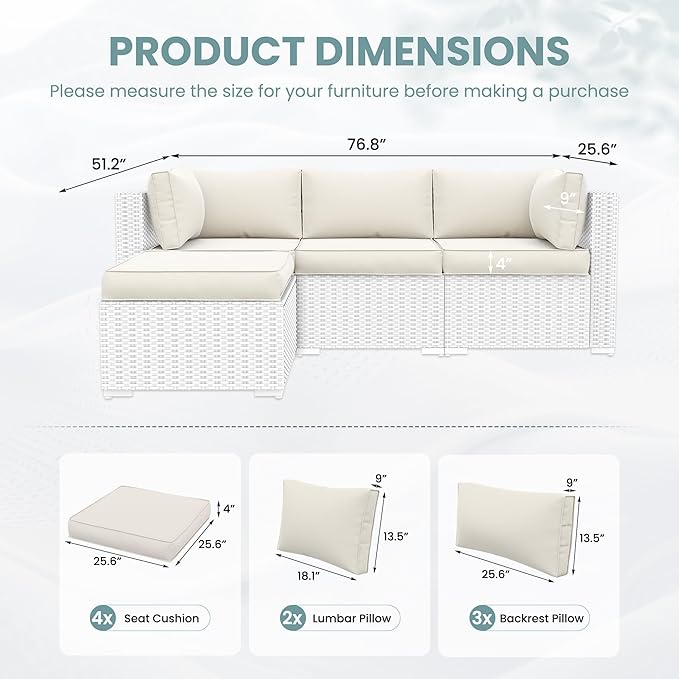 UDPATIO Outdoor Cushions for Patio Furniture Upgraded, Waterproof Patio Furniture Cushions Replacement, 4" Deep Seat Outdoor Sectional Cushions for 4-seat Patio Furniture Chair Sofa Couch, Cream