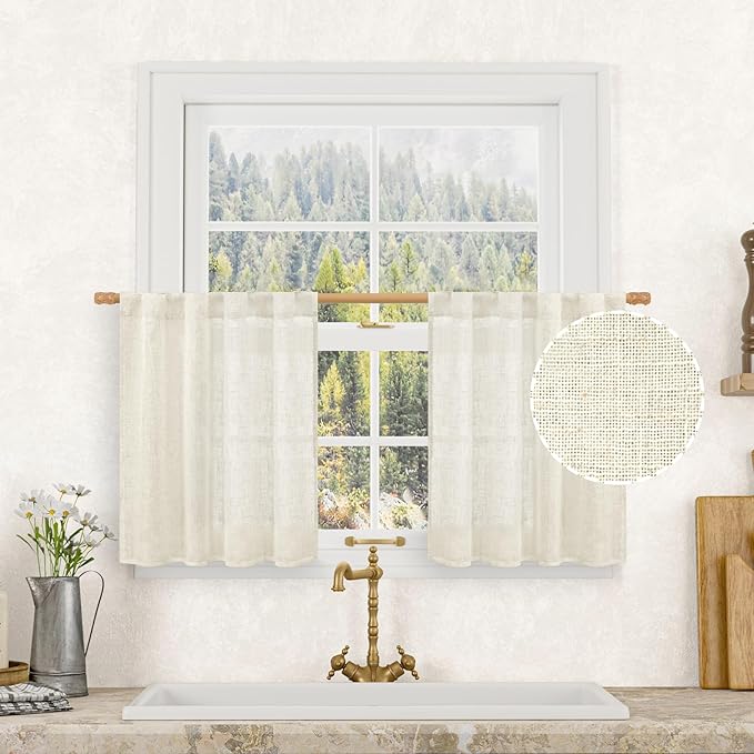LAMIT Kitchen Semi Sheer Linen Curtains 24 Inch Long, Light Filtering Panels Back Tab and Rod Pocket Neutral Drapes for Cafe/Bathroom/Small Window, Natural, 2 Panels, 34 x 24 Inch