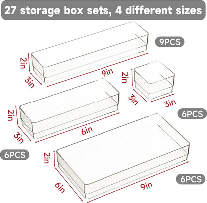 27 PCS Clear Plastic Drawer Organizer Set, 4 Sizes Acrylic Drawer Storage Trays Non Slip Storage Bins for Makeup, Jewelry, Gadgets for Kitchen, Bedroom, Bathroom, Office