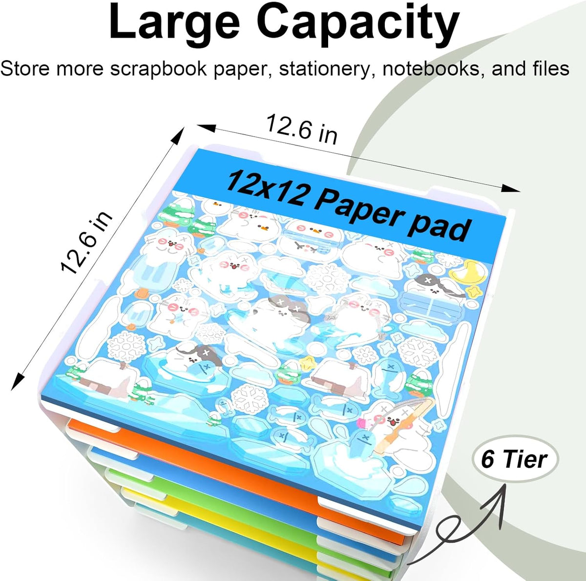 12x12 Paper Organizer, 6-Tier Scrapbook Paper Storage, Stackable Desktop File Holder for Home, Office, Classroom, and Craft Room