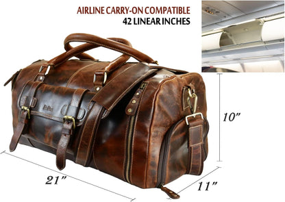 Genuine Full Grain Leather Carry On Travel Bag 21x11x10 with Trolley Straps, Shoe Compartment, Shouler Strap by De Lira