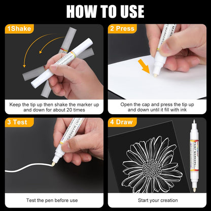 White Paint Pen Marker - 2 PCS Dual Tip Oil Based Permanent Markers, Extra Fine and Medium Tip (0.7mm & 3mm), Quick Drying, Waterproof, for Fabric