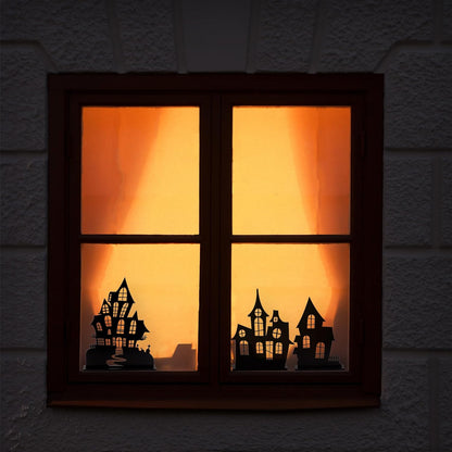 AuldHome Design Spooky Halloween House Village Silhouettes (Set of 3); Scary Haunted House Wood Statue Figurines Centerpiece Set