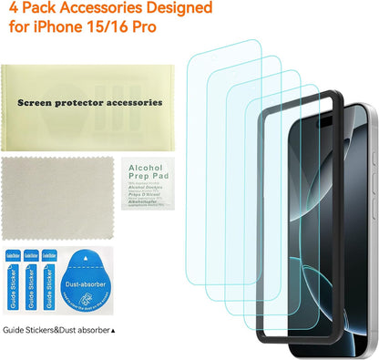 4 Pack Anti Blue Light Screen Protector for iPhone 16 Pro [6.3 inch] with Installation Frame,9H+ Anti Blue Light Tempered Glass, Anti-Scratch, Case Friendly