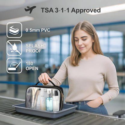 PACKISM Clear Makeup Bag - TSA Approved Toiletry Bag with Handle Large Opening, Clear Toiletry Bags for Traveling Travel Essentials, Travel Bags for Toiletries, Black