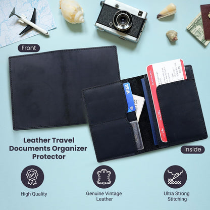 Leather Passport Holder with Travel Wallet, Genuine Leather Passport Cover- Passport Wallet, Leather Folding Wallet for Passports (Straight Cut, Black)