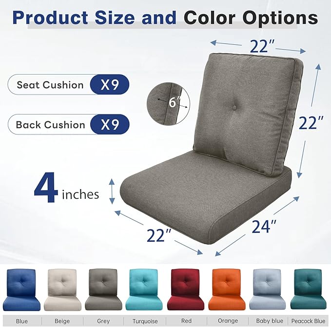 Belord Luxury 4" Thick Outdoor Cushion 9 Set - 22 x24 Inch 28D Sponge Filling Fade-Resistant Chair Cushion, Spill Proof Removable Patio Furniture Replacement Cushions for Sofa Bench Swing - Grey