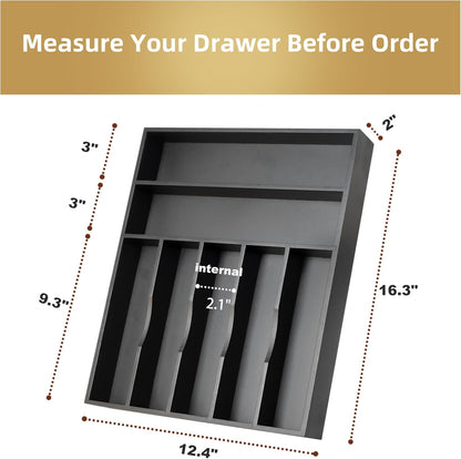 Silverware Organizer Bamboo Kitchen Drawer Organizer Utensil Organizer Silverware Holder Cutlery Organizer in drawer Flatware Organizer Tray (Black 7 Slots)