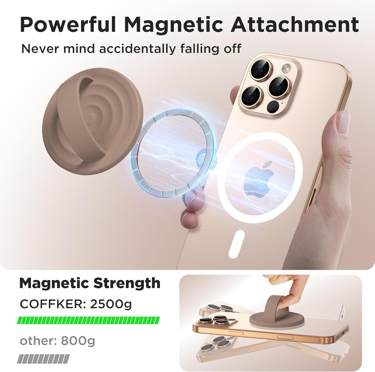 Magnetic Phone Ring Grip Holder, Silicone Finger Loop Grip, Compatible with MasSafe, Back of Phone for iPhone Pro Max/Plus/16/15/15/14/13/12 Series, Light Brown