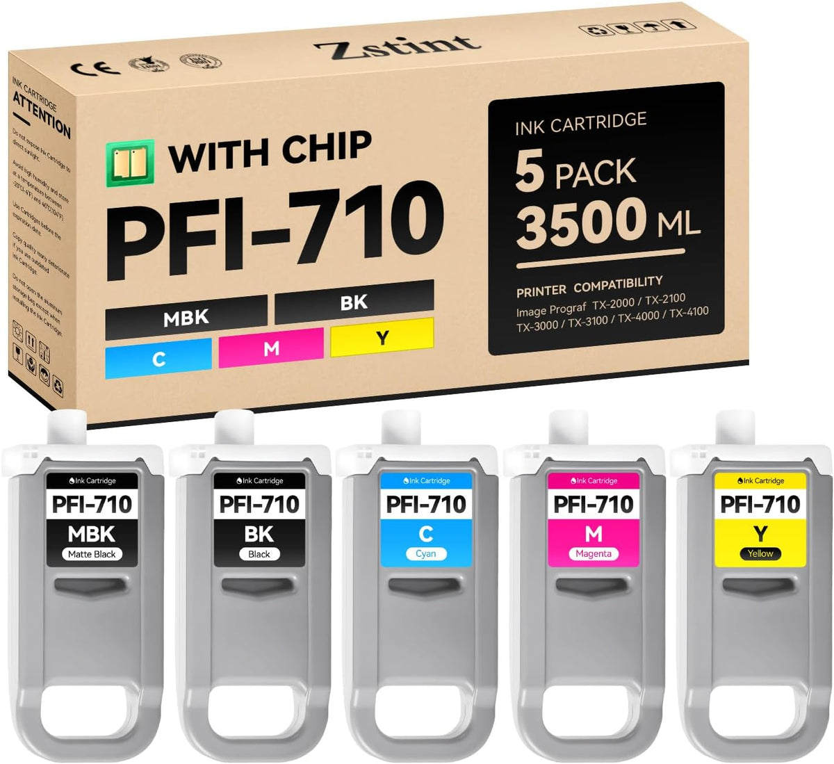 PFI-710 Pigment Ink Tank Set 5-Pack 700ml High Capacity Replacement for Canon PFI-710 PFI710 Ink Cartridges Compatible with Canon imagePROGRAF TX-2000 TX-2100 TX-3000 TX-3100 TX-4000 TX-4100 Printer