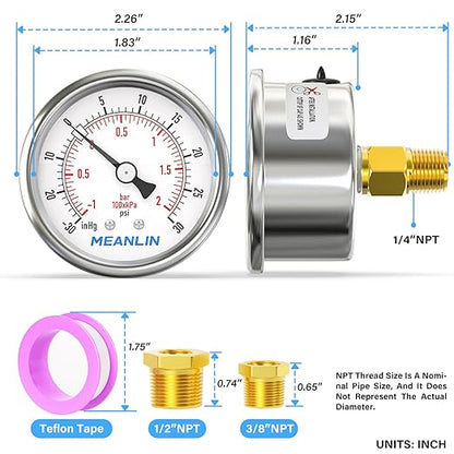 MEANLIN MEASURE -30inHG~30Psi Vacuum Gauge Stainless Steel 1/4" NPT 2" FACE DIAL Waterproof for Air Compressor HVAC Negative Pressure Hand Pump Pool Back Mount with 1/2" NPT and 3/8" NPT Hex Bushing
