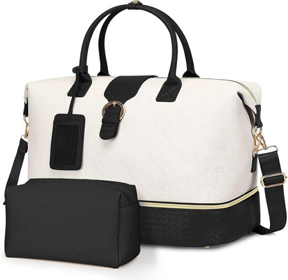 Leather Weekender Bags for Women, Travel Duffel Bag PU Overnight Bag Carry On Tote Bag with Shoe Compartment Wet Pocket