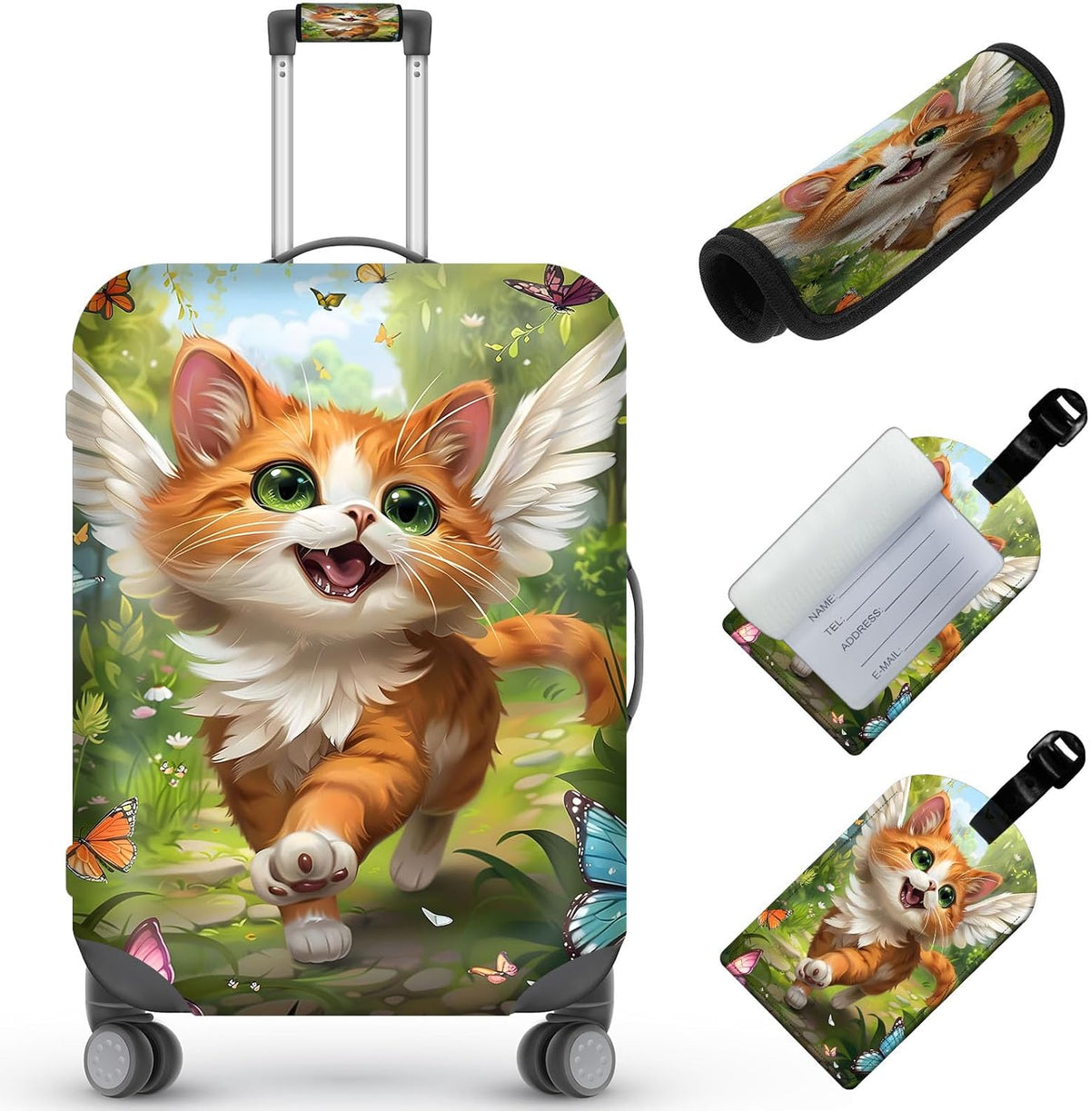 Travel Luggage Cover,Cute Cat Theme Suitcase Cover Accessory Kit, Luggage Tag, and Comfortable Luggage Handle Wrap, Washable Zipper Close Luggage Suitcase Protector (18-20 inch,S)