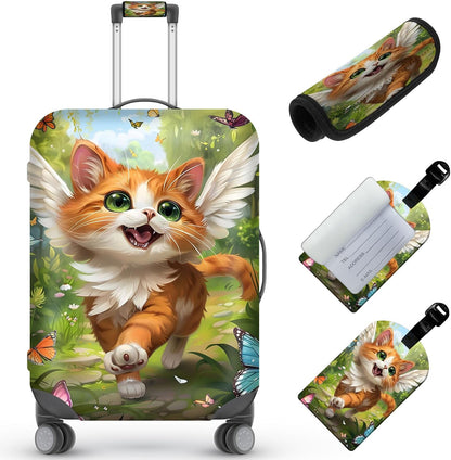 Travel Luggage Cover,Cute Cat Theme Suitcase Cover Accessory Kit, Luggage Tag, and Comfortable Luggage Handle Wrap, Washable Zipper Close Luggage Suitcase Protector (18-20 inch,S)