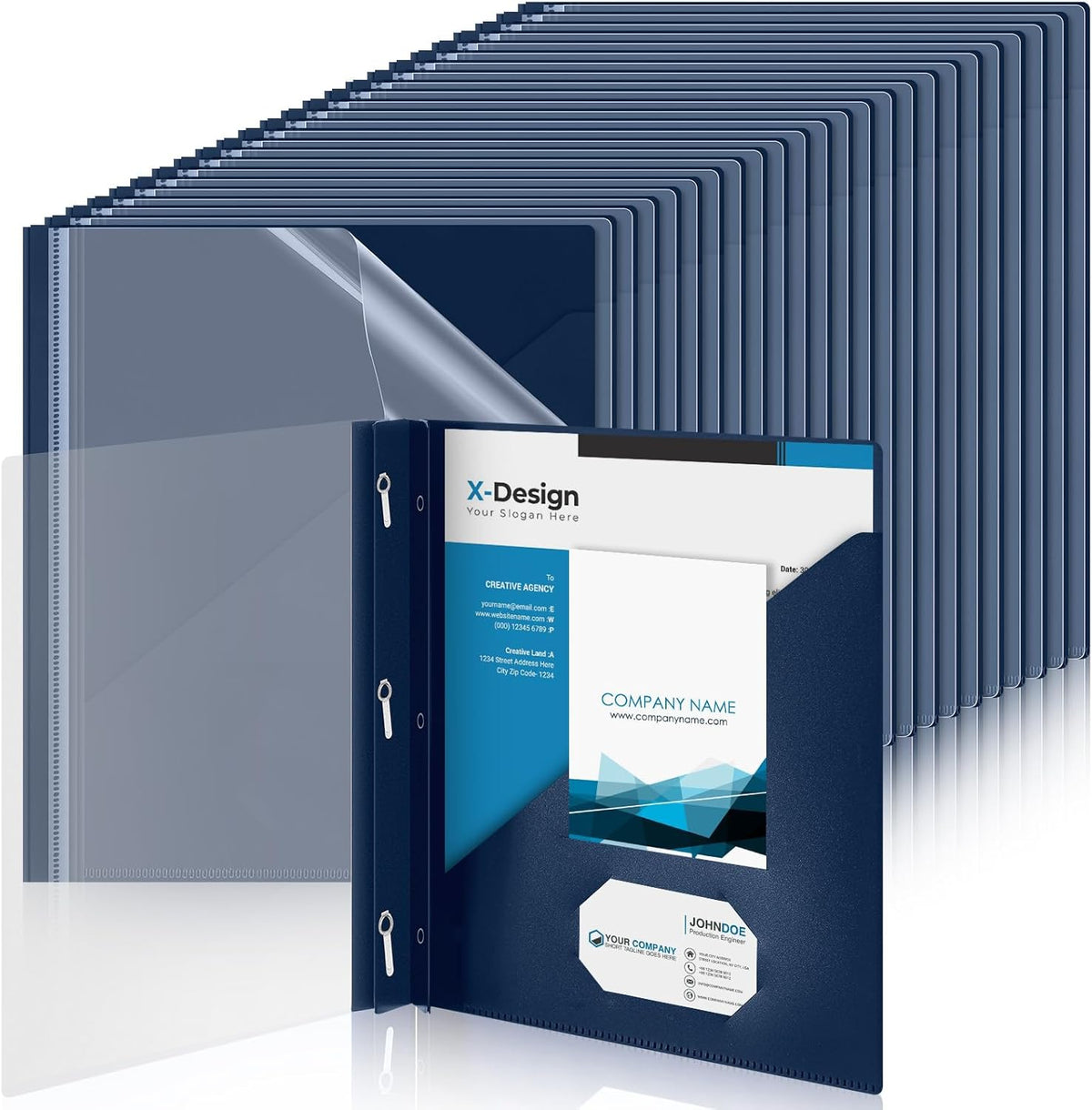 Teling 48 Pack Clear Front Report Covers with 3 Prongs Fasteners, 11.42 x 9.45 Inch Plastic Presentation Folders Bulk, 90 Sheet Capacity, Book File Covers for Office School Business, Navy Blue