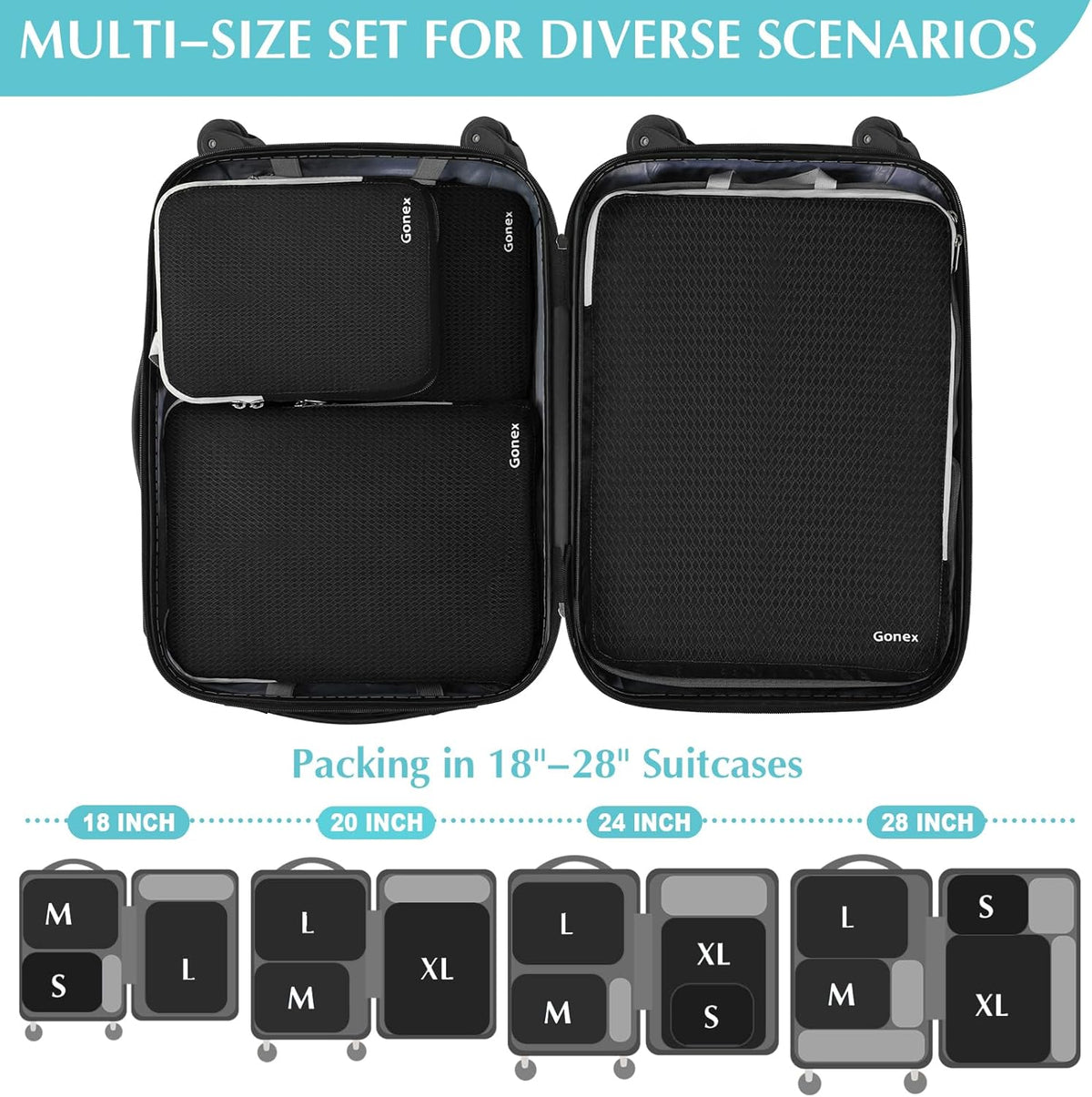 Gonex Compression Packing Cubes, 3pcs/4pcs Expandable Storage Travel Luggage Bags Organizers