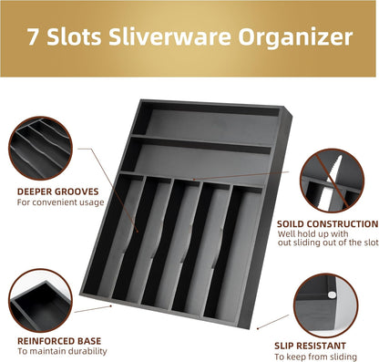 Silverware Organizer Bamboo Kitchen Drawer Organizer Utensil Organizer Silverware Holder Cutlery Organizer in drawer Flatware Organizer Tray (Black 7 Slots)