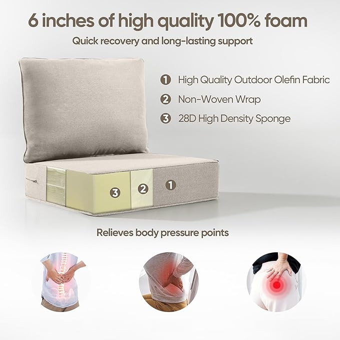 6" Thick Outdoor Cushion, 24*24*6" Patio Furniture Cushions with Waterproof Patio Furniture Cushions with Removable Cover, 28D High Density Patio Cushion for Outdoor Furniture,Beige-4pcs