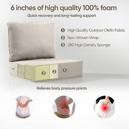 6" Thick Outdoor Cushion, 24*24*6" Patio Furniture Cushions with Waterproof Patio Furniture Cushions with Removable Cover, 28D High Density Patio Cushion for Outdoor Furniture,Beige-4pcs