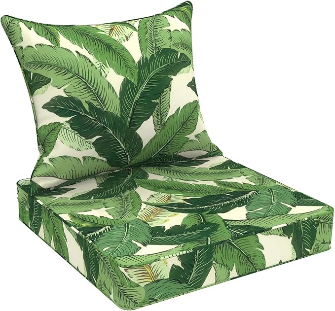 Outdoor Deep Seat Cushion Set, Water Repellent 22"x22" Patio Thick Cushions Replacement with Seat & Back Pillow for Patio Sofa, Wicker Chair, Couch - Swaying Palms Green