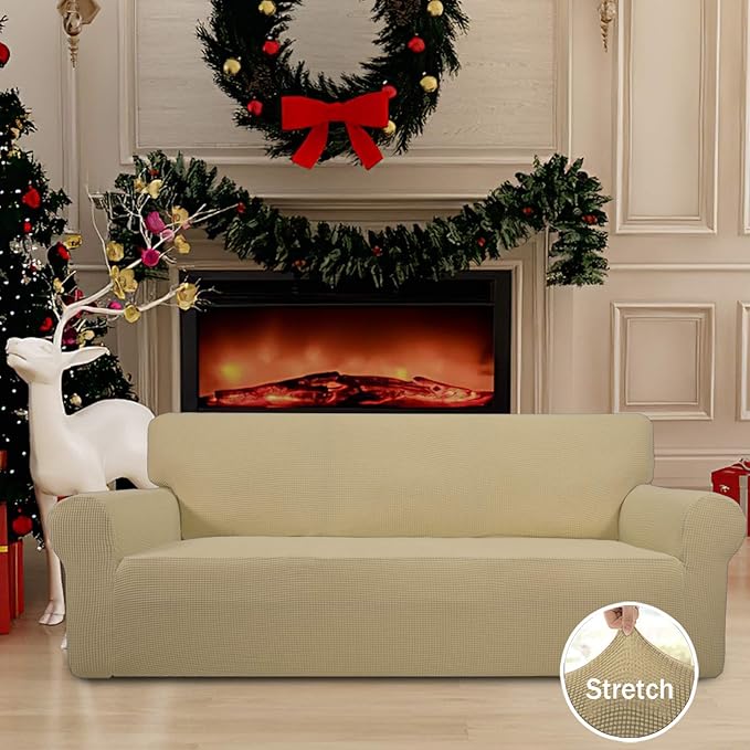 Easy-Going Stretch Sofa Slipcover 1-Piece Sofa Cover Furniture Protector Couch Soft with Elastic Bottom for Kids, Polyester Spandex Jacquard Fabric Small Checks (Sofa, Beige)