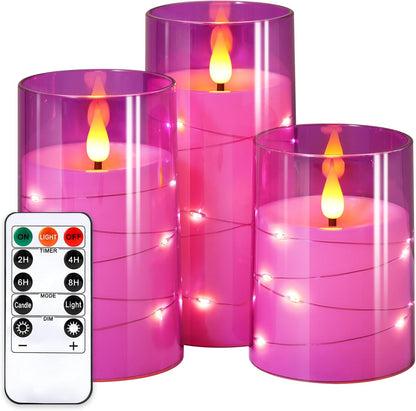 NURADA Flickering Flameless Candles: Built-in Star String Lights 3D Wick Acrylic Battery Operated LED Pillar Candles with Remote and Timer for Table Wedding Centerpieces Party 3 Pack Purple