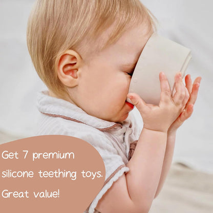 Moonkie 7-piece Stackable Silicone Teether Toy Set for 6+ Months, Soft and Edible