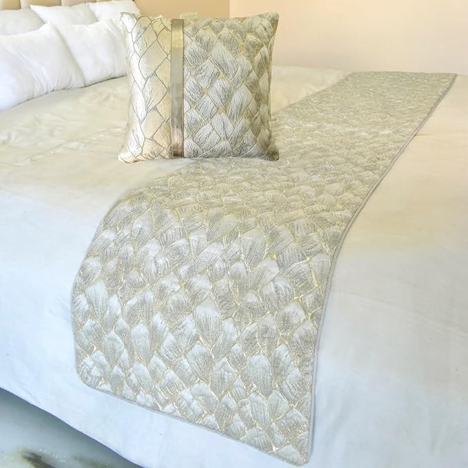 The HomeCentric King/Queen/Twin Ivory & Gold Designer Queen 74"x18" Bed Runner with Pillow Cover, Patchwork, Quilted, Jacquard Foil Bed Scarf on Jacquard Fabric - Spinzar