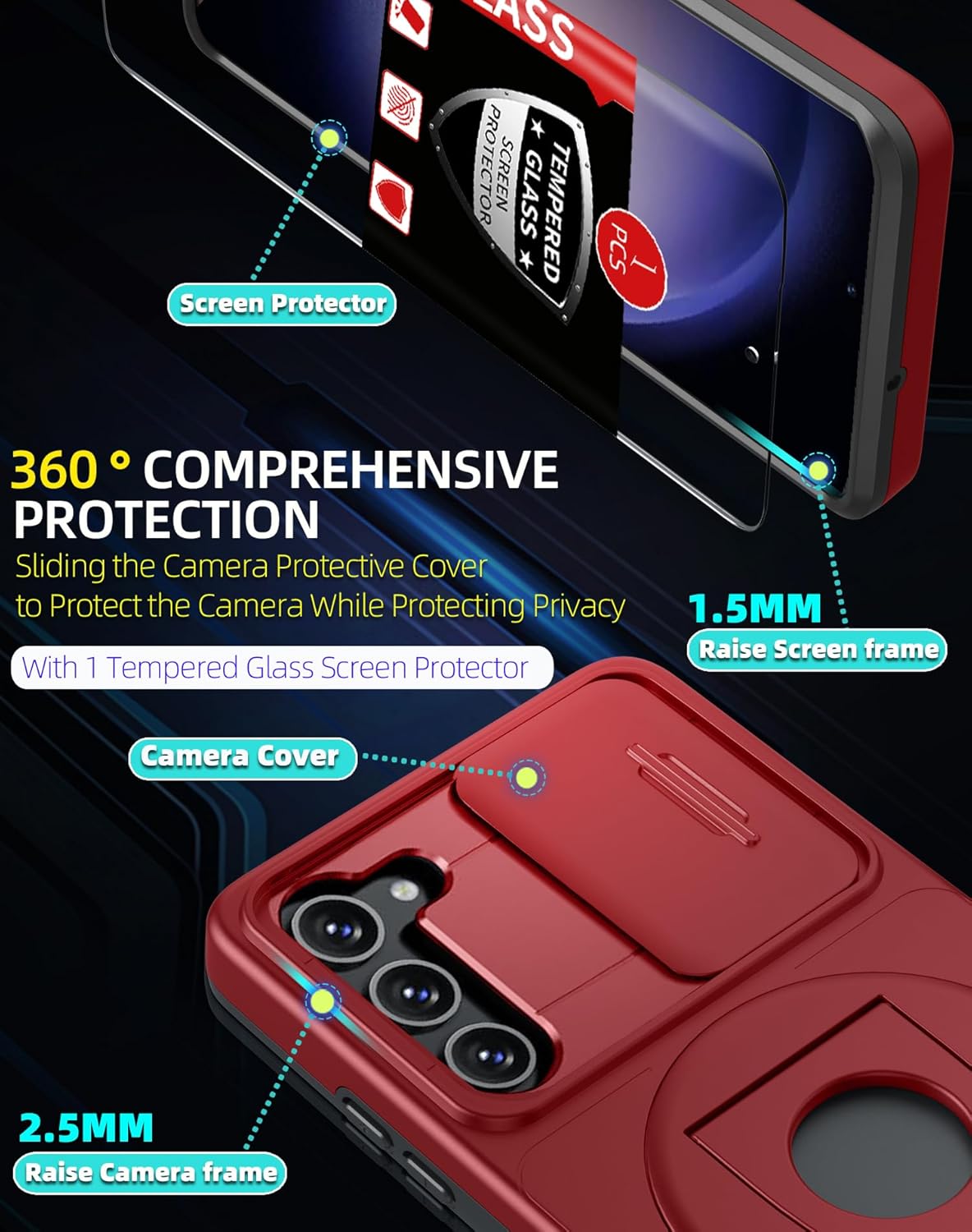 for Samsung Galaxy S23 Case Magnetic Compatible with MagSafe Wireless Charging,with Screen Protector,Built-in Kickstand Ring+Camera Cover Anti-Scratch Shockproof Heavy Duty Protection Red