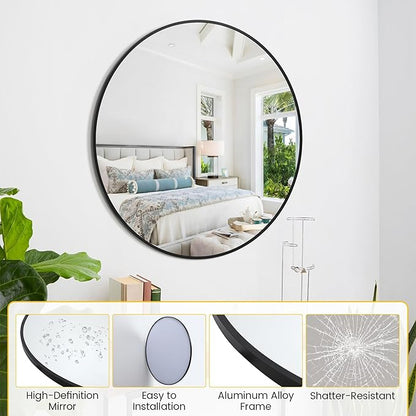 24 Inch Black Round Wall Mirror, Modern Metal Frame for Bathroom, Living Room, Bedroom Decor