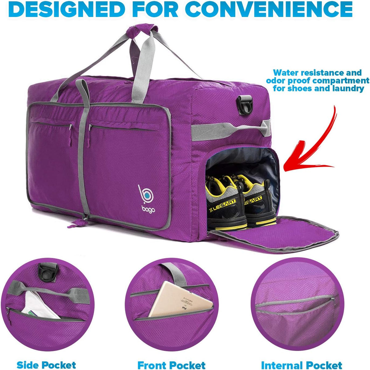 Bago Large Foldable Duffel Bags for Traveling Women & Men - 100L Packable Duffle Bag for Travel with Shoe Compartment - Water Repellant, Heavy Duty, Lightweight Folding & Collapsible (Purple)