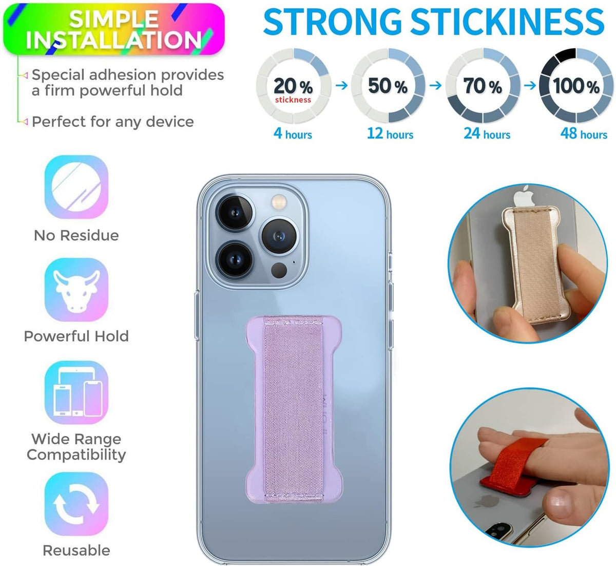 Phone Grip Holder for Hand, Universal Finger Strap Phone Holder, Finger Selfie Grip Compatible with Most Smartphones (Gold Purple) - 2Pack