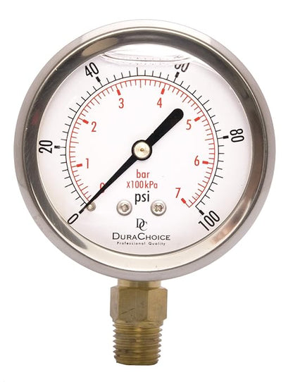 2-1/2" Oil Filled Pressure Gauge - Stainless Steel Case, Brass, 1/4" NPT, Lower Mount Connection, 0-100