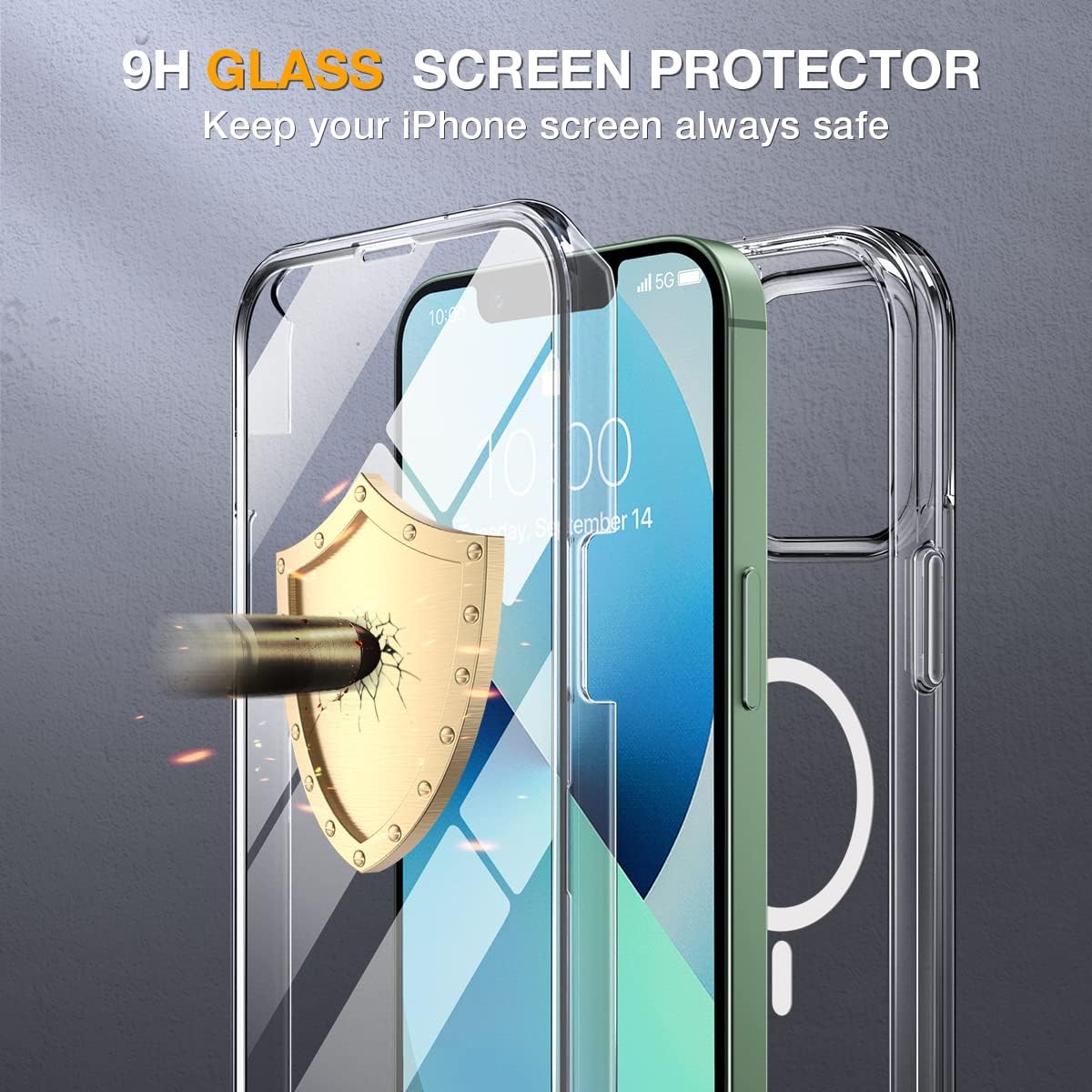 Miracase Glass Series Designed for iPhone 13 Case 6.1 inch, 2023 Upgrade Full-Body Magnetic Clear Case with Built-in 9H Tempered Glass Screen Protector,Compatible with MagSafe,Clear