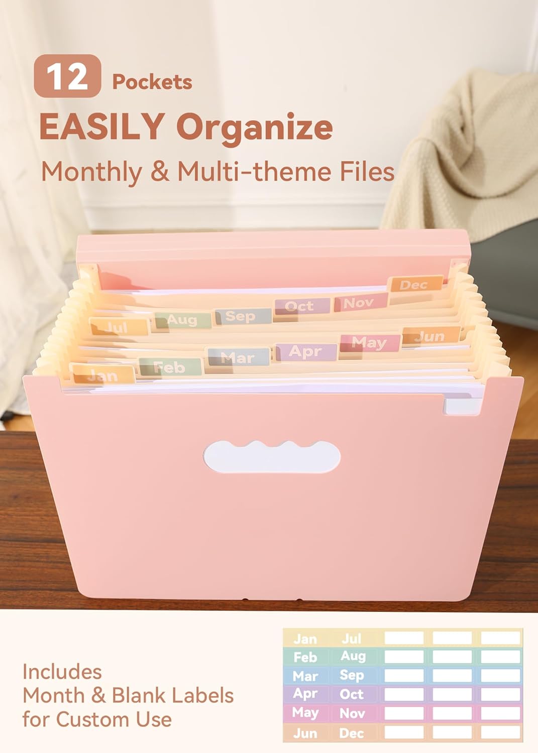 Accordion File Organizer 12 Pockets, Monthly Bill Receipt Tax Organizer, Expanding File Folders with Larger Bright Tabs, Fits Letter/A4 Size - Pink